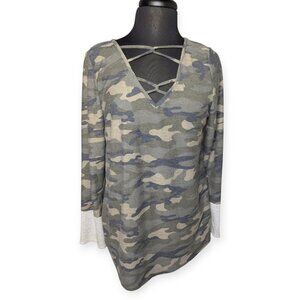 Lovely Melody Camo Light Weight Long Sleeve Top Gray & White Stripe Cuffs Size L